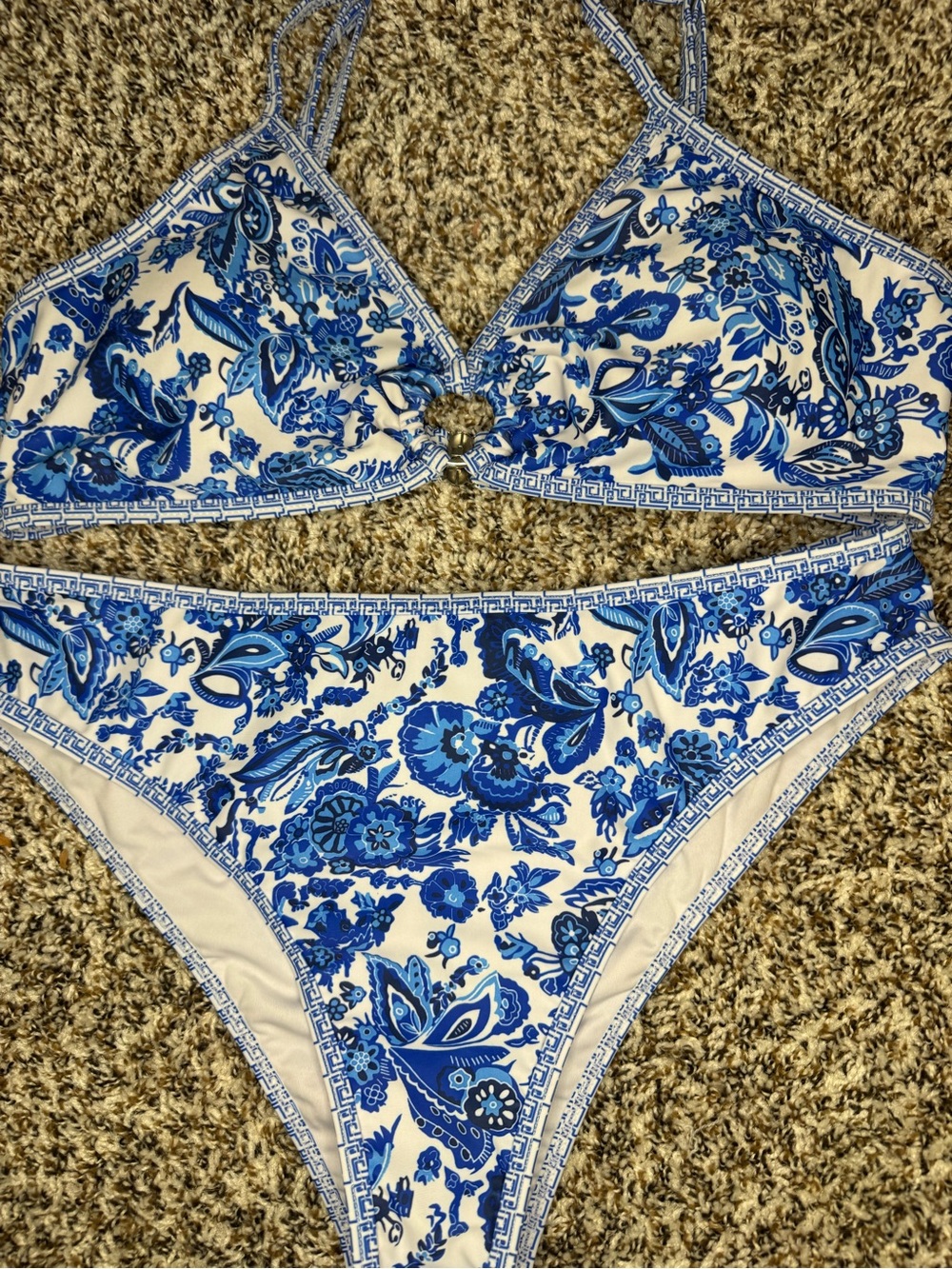 Blue White Floral Bikini Set Womens Large Cutout High Cut Swimsuit Two Piece - Picture 11 of 11